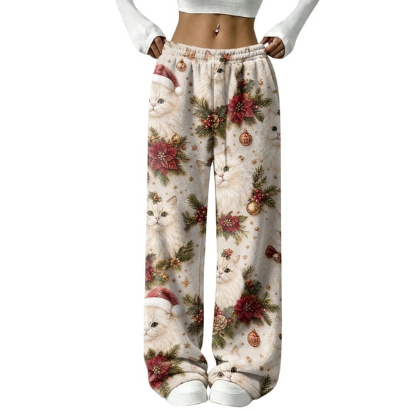 Trgacdwlo Christmas Fleece Pajama Pants for Women Fall Winter Vintage Christmas Graphics Pajama Bottoms Fuzzy Wide Leg Elastic Waist Xmas Flannel Casual Pants for Women