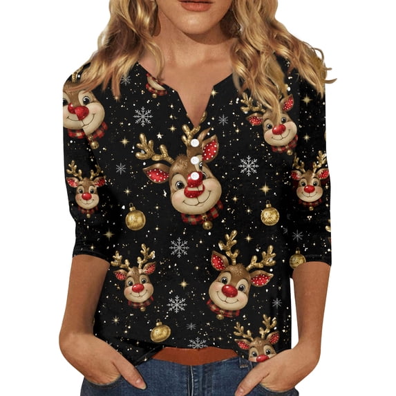 Trgacdwlo Christmas Henley Shirts for Women Santa Claus Pattern Womens Tops 3/4 Sleeve V Neck Button Festival Xmas Blouses for Women