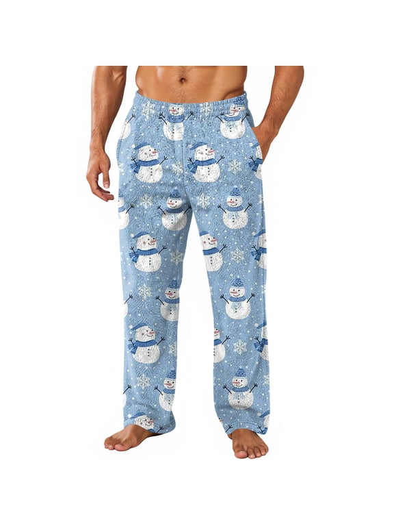Christmas Mens Flannel Pajama Pants Snowflake Snowman Winter Fuzzy Mens Fleece Pj Bottoms Baggy Elastic Waist Straight Leg Lounge Pant for Men