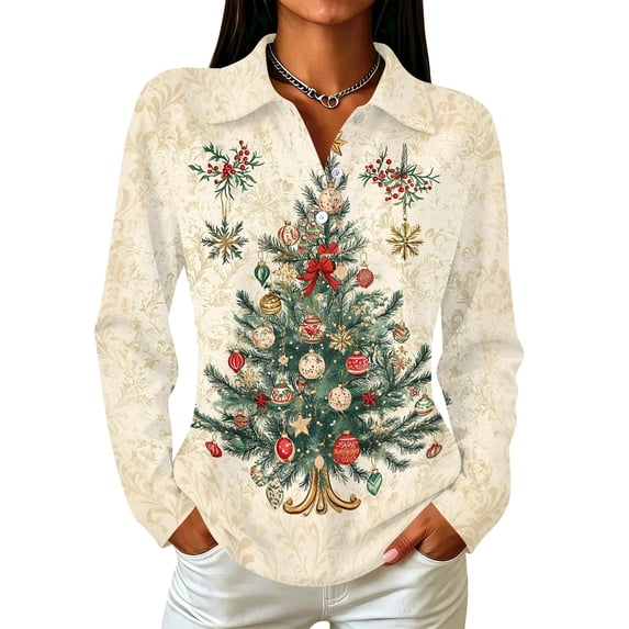 Trgacdwlo Christmas Polo Shirt for Women Christmas Tree Print Women's Golf Shirts Collared Button Down Xmas Long Sleeve Women's Tunics