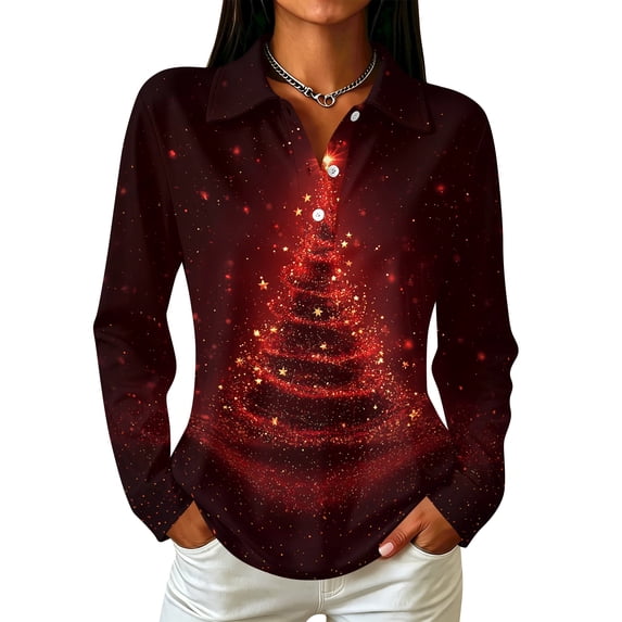 Trgacdwlo Christmas Polo Shirts for Women Christmas Tree Pattern Women Golf Shirts Collared Button Down Xmas Long Sleeve Tunic Tops for Women