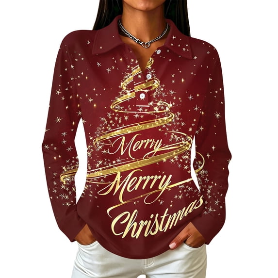 Trgacdwlo Christmas Women Polo Shirt Xmas Tree Graphics Golf Shirt Women Collared Button Down Xmas Long Sleeve Tunic Shirts for Women
