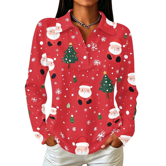 Trgacdwlo Christmas Women's Polo Shirts Christmas Graphics Golf Polo Shirt Women Collared Button Down Xmas Long Sleeve Women's Blouses