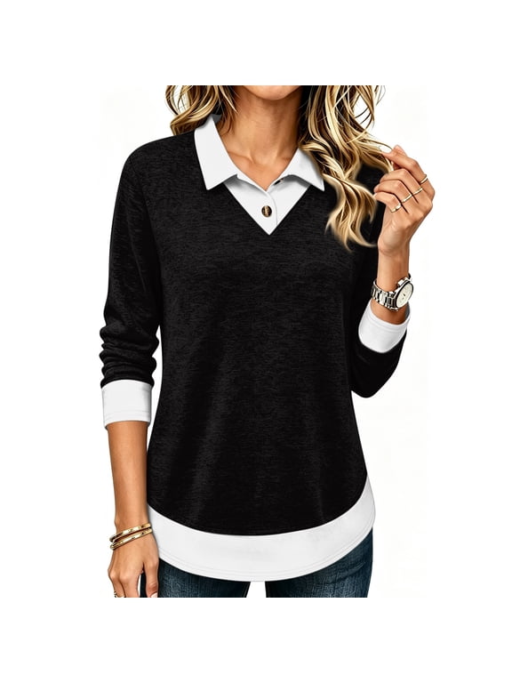 Collar Layered Polo Shirts Women 2-in-1 Patchwork Fake Two Piece Tunic Tops for Women Work Office Long Sleeve Tops for Women Fall Teachers Outfits