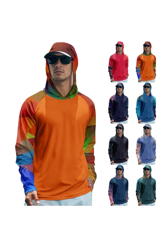 Color Block Men's UPF 50+ Sun Protection Hoodie T Shirts Raglan Long Sleeve Mens Rash Guard Hiking Running Fishing Shirt Men