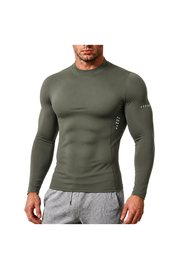 Compression Shirt Men Long Sleeve Mock Turtleneck Base Layer Workout Quick Dry Running Gym Muscle Shirts Green L