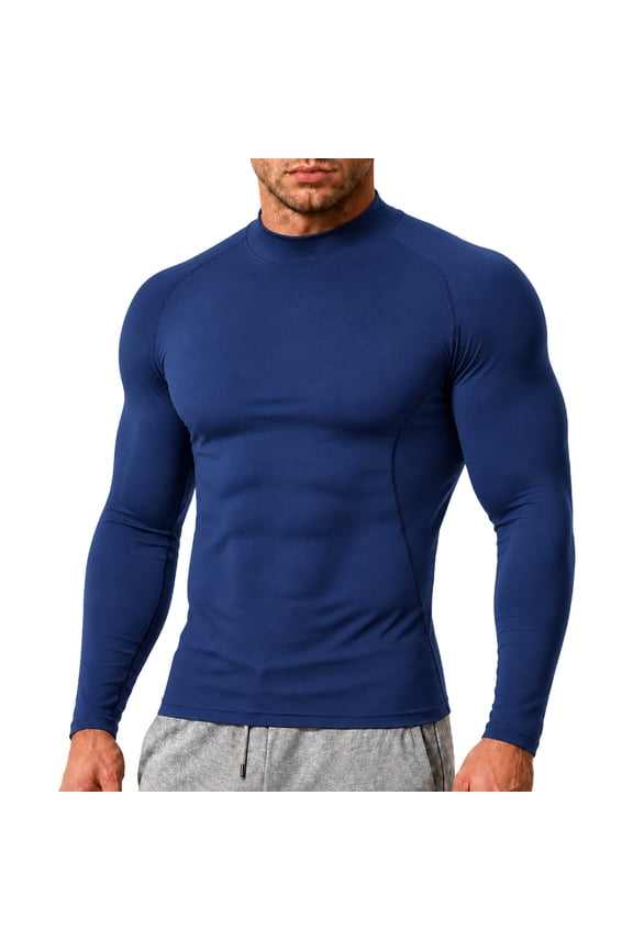 Compression Shirt Men Long Sleeve Mock Turtleneck Undershirts Workout Quick Dry Muscle Gym Workout Shirts Navy M