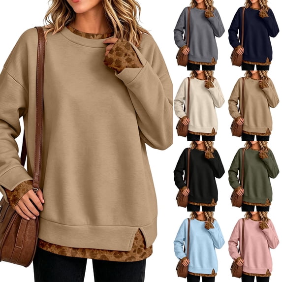 Trgacdwlo Crewneck Sweatshirts for Women Fake Two Piece Leopard Print Trim Pullover Women Side Split Fall Winter Cute Sweatshirts for Women