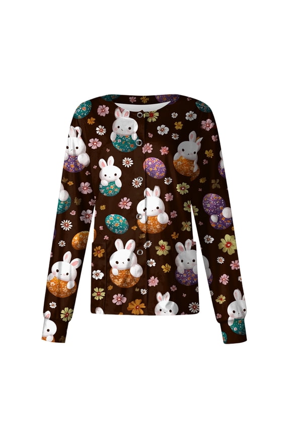 Easter Scrub Jacket for Women Cute Rabbit Bunny Snap Front Scrubs for Women Plus Size S-5xl Nurse Uniforms with Pocket
