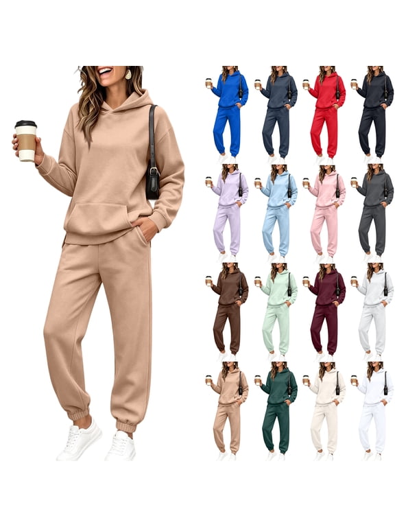 Fleece Lined Womens Sweatsuits 2 Piece Set Tracksuit Fuzzy Hoodie Jogger Pants Set Fall Winter Plush Comfy Women Sweat Set White L