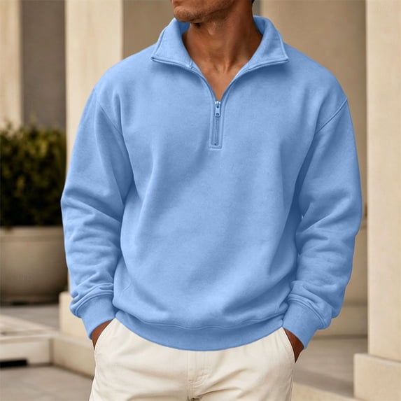 Trgacdwlo Fleece Men's Half Zip Sweatshirt Stand Collar Fuzzy Men's Long Sleeve Pullover Shirts Solid Color Fall Winter Cotton Sweatshirts for Men Light Blue XXL