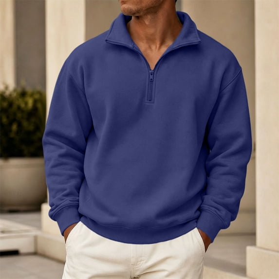 Trgacdwlo Fleece Mens 1/4 Zip Sweatshirt Stand Collar Fuzzy Mens Long Sleeve Pullover Solid Color Fall Winter Oversized Sweatshirt Men Navy L