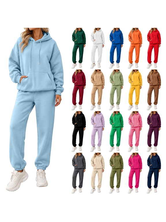 Fleece Womens Sweatsuits 2 Piece Set Tracksuit Fuzzy Hoodie Baggy Jogger Sweatpants Set Fall Winter Warm Plush Womens Matching Sweatsuit Set Light Blue XXL