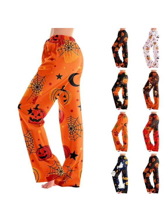 Funny Pumpkin Ghost Pj Pants Women Fall Halloween Pj Bottoms for Women Vintage Ghost Pattern Elastic Waist Womens Sleep Pants