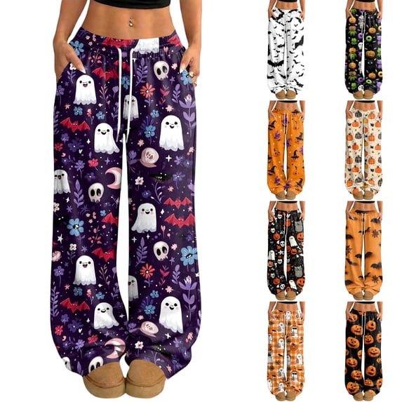 Trgacdwlo Funny Pumpkin Print Women Halloween Pajama Pants Wide Leg Lounge Bottoms Fall Festival Comfy Womens Pajama Bottoms
