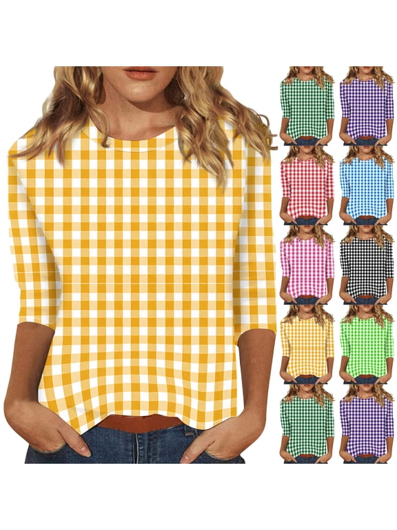Gingham Womens 3/4 Sleeve Tops and Blouses Loose Fit Crew Neck Shirt Women Summer Boho Retro Womens Tunic Tops