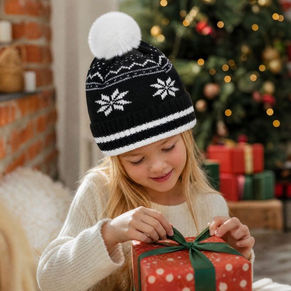 Trgacdwlo Girls Boys Christmas Knit Beanie Hat with Pom Pom Snowflake Pattern Warm Cuffed Winter Skull Hat Christmas Holiday Cap for Boys Girls Xmas Holiday Party Daily Wear
