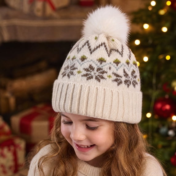 Trgacdwlo Girls Boys Christmas Knit Pom‑pom Beanie Hat Snowflake Pattern Warm Fold‑up Cuff Winter Hat Christmas Holiday Cap for Boys Girls Gift Daily Outdoor Wear