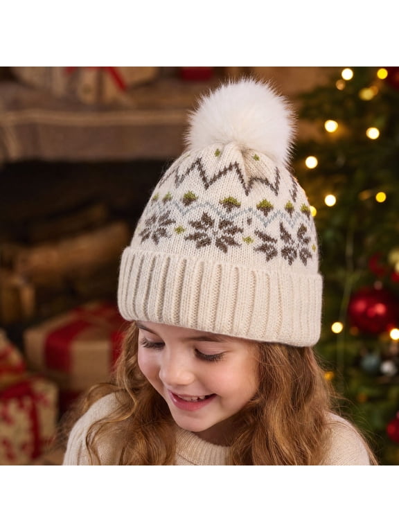Girls Boys Christmas Knit Pom‑pom Beanie Hat Snowflake Pattern Warm Fold‑up Cuff Winter Hat Christmas Holiday Cap for Boys Girls Gift Daily Outdoor Wear