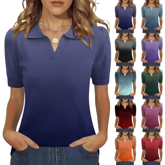 Trgacdwlo Gradient Golf Polo Shirt Women Collared V Neck Women Short Sleeve Tops Summer Boho Retro Women Polo Shirt Orange L