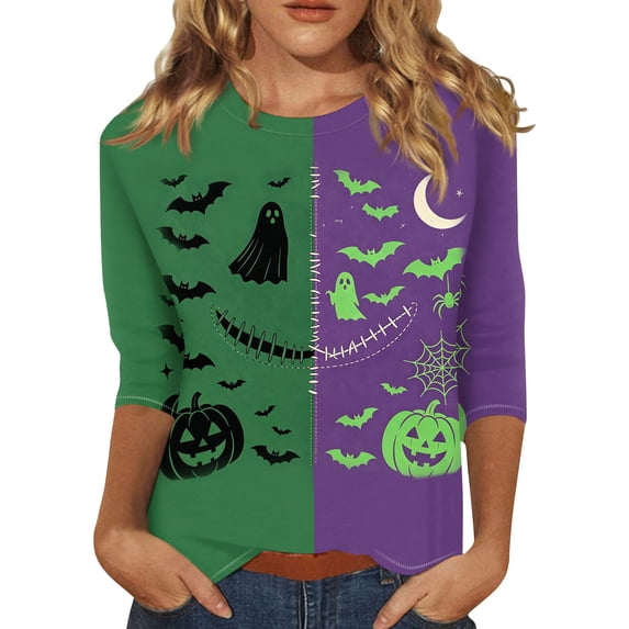 Trgacdwlo Halloween 3/4 Length Sleeve Womens Tops Retro Ghost Halloween Pumpkin Fall Crew Neck Womens Tunic Tops Ghost Graphic Spooky Pullover Tops