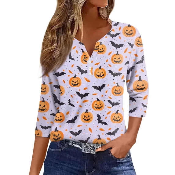 Trgacdwlo Halloween 3/4 Sleeve Tops for Women Cat Pumpkin Print Fall Womens Henley Tops Funny Ghost Graphic Pullover Shirts