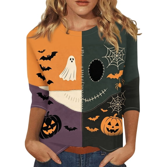 Trgacdwlo Halloween 3/4 Sleeve Tops for Women Retro Ghost Halloween Pumpkin Fall Crew Neck Womens Tunic Tops Ghost Graphic Spooky Pullover Tops
