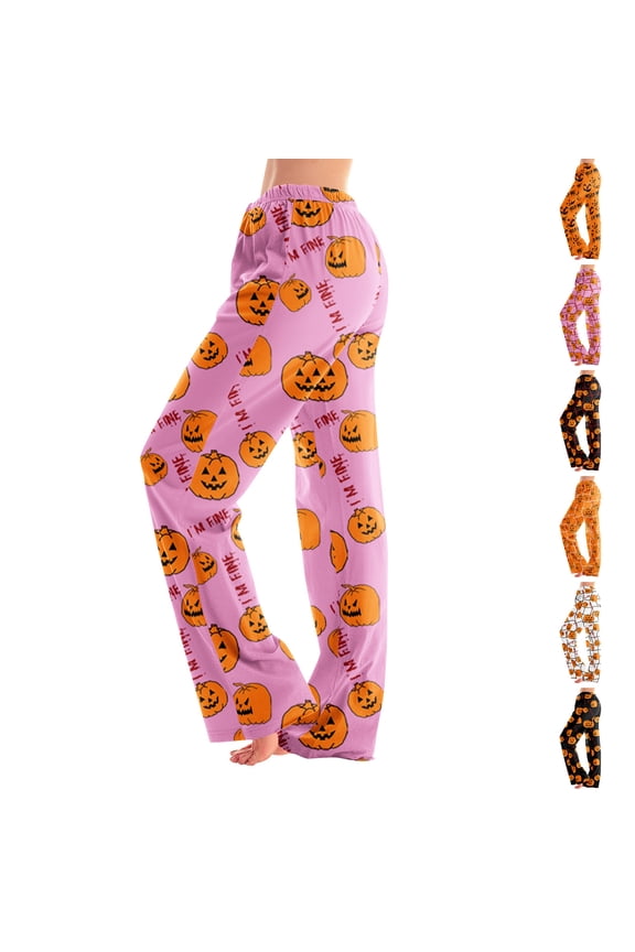 Halloween Pajamas Pants Women Ghost Pumpkin Print Wide Leg Womens Lounge Pants Elastic Waist Fall Winter Pj Pants Women