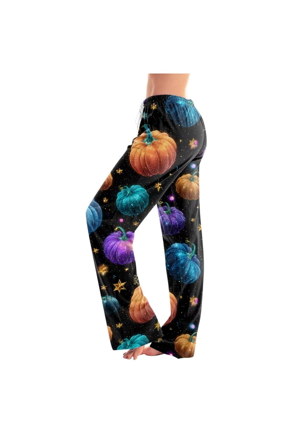 Halloween Pj Pants Women Ghost Pumpkin Print Wide Leg Womens Lounge Pants Elastic Waist Fall Winter Pajama Bottoms Women