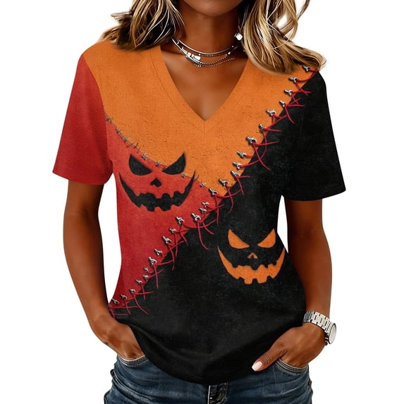 Trgacdwlo Halloween Pumpkin Shirts Women Novelty Vintage Ghost House Print Fall Short Sleeve Shirts for Women Funny Pumpkin Ghost Pullover Shirts