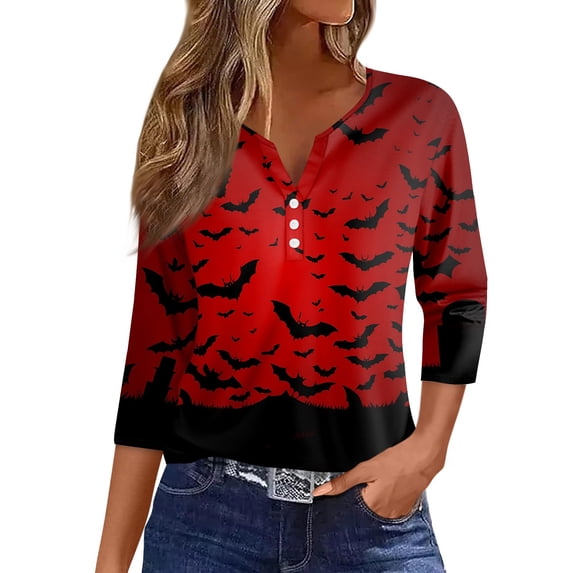 Trgacdwlo Halloween Shirts for Women 3/4 Length Sleeve Funny Pumpkin Ghost Fall Womens Henley Tops Spooky Season Pullover for Women