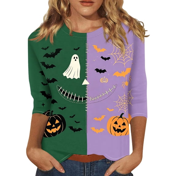 Trgacdwlo Halloween Shirts for Women 3/4 Length Sleeve Vintage Ghost Pattern Fall Crew Neck Womens Tunic Tops Funny Pumpkin Ghost Pullover Tops