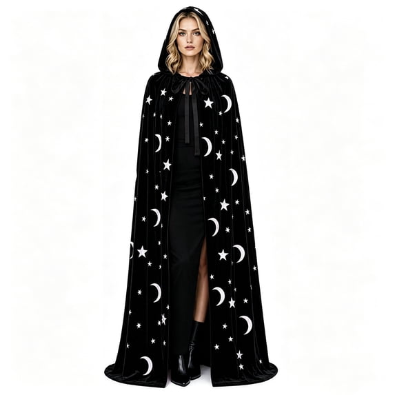 Trgacdwlo Hooded Velvet Cape, Reversible‑Look Star Moon Print Long Cloak with Tie for Unisex Adult Halloween Christmas Holiday Parties