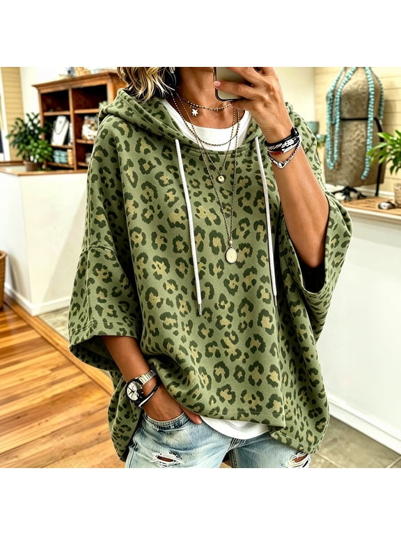 Hoodies Women Leopard Print 3/4 Sleeve Tops for Women with Drawstring Vintage Fall Winter Streetwear Womens Hoodies