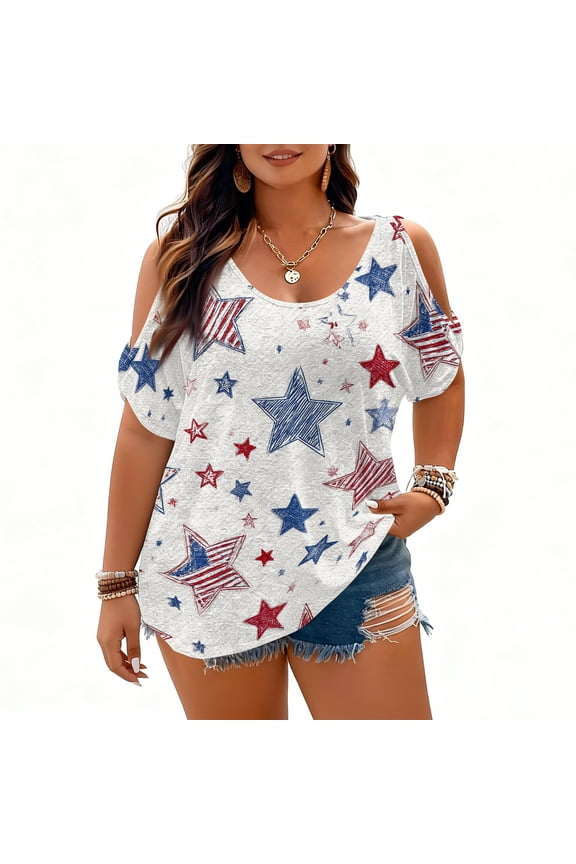L-5XL Cold Shoulder Women's Plus Size Tops Patriotic 250 Anniversary USA Shirt Hide Belly Tunic Shirts for Women White XL