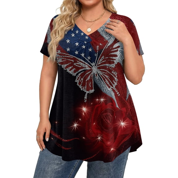 Trgacdwlo L-5XL Plus Size Clothes for Women Patriotic Women's 250 Anniversary USA Shirt Hide Belly Pleated Tunic Shirts for Women Wine XXXL