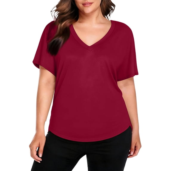 Trgacdwlo L-5XL Plus Size Shirt for Curvy Women V Neck Short Sleeve Womens Tunic Tops Hide Belly Beach T Shirts for Women Wine XXL