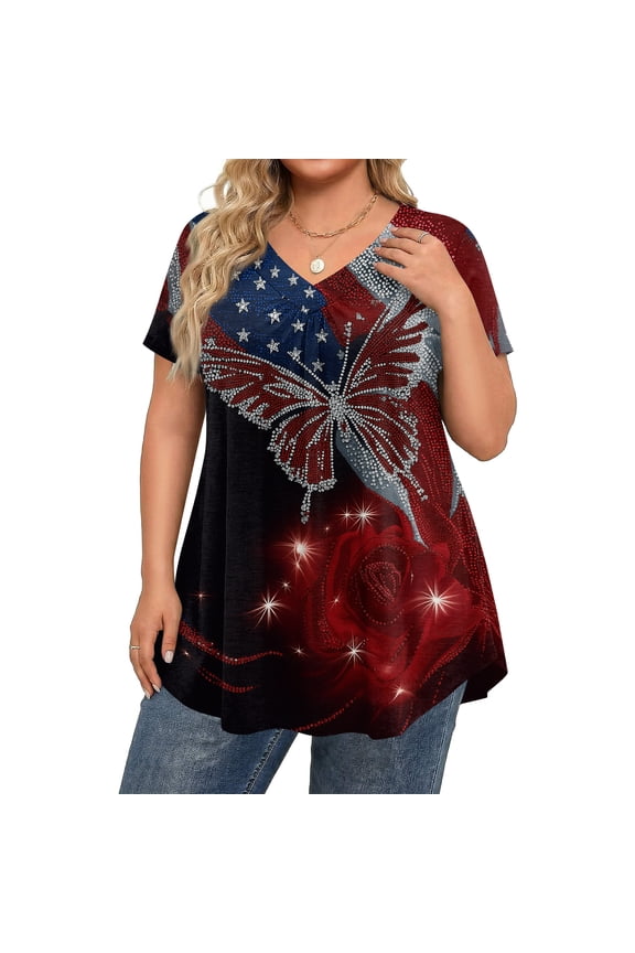 L-5XL Plus Size Summer Tops USA Flag Women's 250 Anniversary USA Shirt Hide Belly Pleated Womens Tunic Tops Wine 5XL