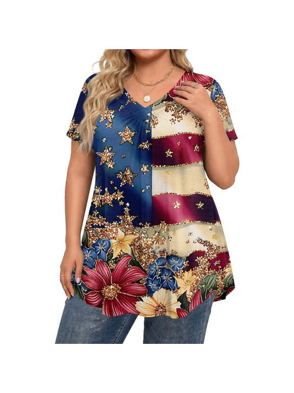 L-5XL Plus Size Tops for Women USA Flag Women's 250 Anniversary USA Shirt Hide Belly Pleated Womens Tunic Tops Deep Red 5XL