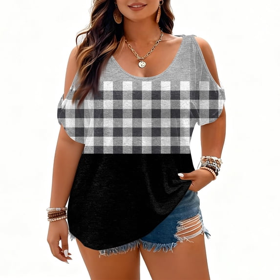 Trgacdwlo L-5XL Plus Size Women Cold Shoulder Tops Color Block Crew Neck Shirts for Women Short Sleeve Hide Belly Boho Retro Womens Tunic Gray XL