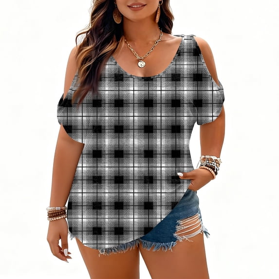 Trgacdwlo L-5XL Plus Size Women Cold Shoulder Tops Plaid Crew Neck Short Sleeve Shirt Women Hide Belly Vintage Tunic Tops for Women White 5XL