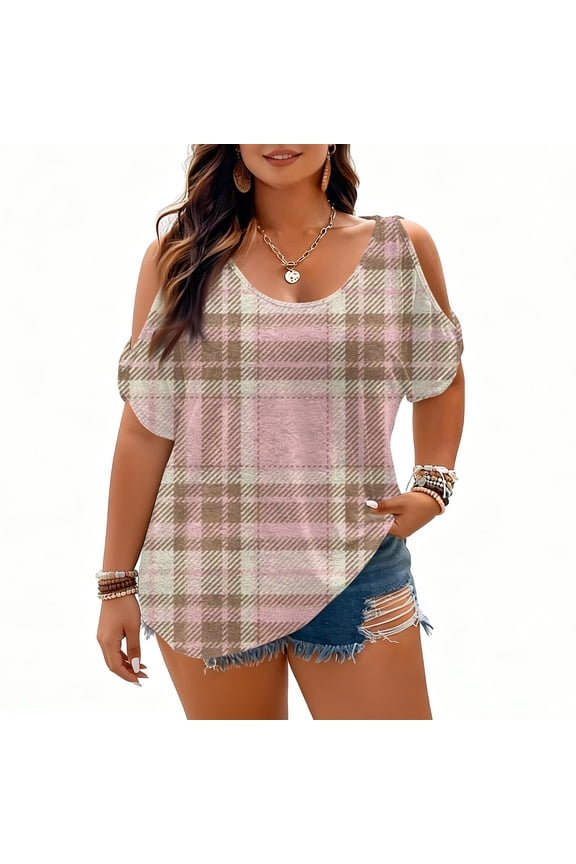 L-5XL Plus Size Womens Cold Shoulder Tops Plaid Crew Neck Short Sleeve Shirt Women Hide Belly Boho Retro Women's Tunics Purple 5XL