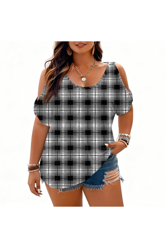 L-5XL Plus Size Womens Cold Shoulder Tops Plaid Crew Neck Short Sleeve Shirt Women Hide Belly Vintage Women's Tunics White XXXL