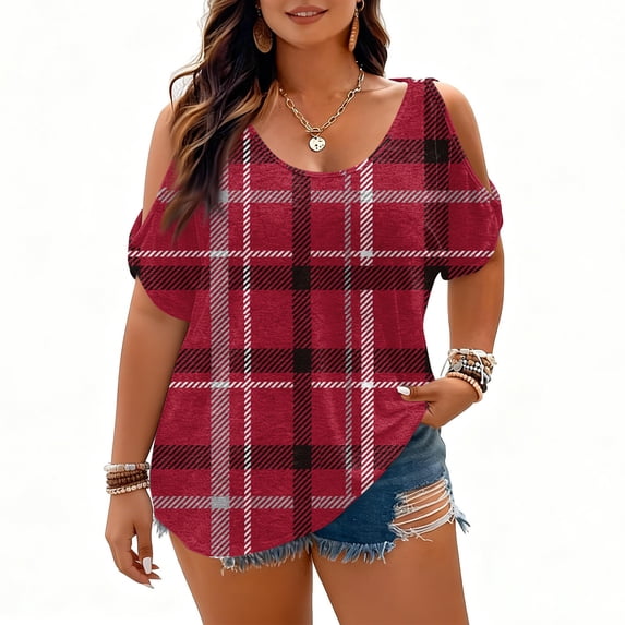Trgacdwlo L-5XL Plus Size Womens Cold Shoulder Tops Plaid Crew Neck Short Sleeve Shirt Women Hide Belly Vintage Womens Tunic Red XXL