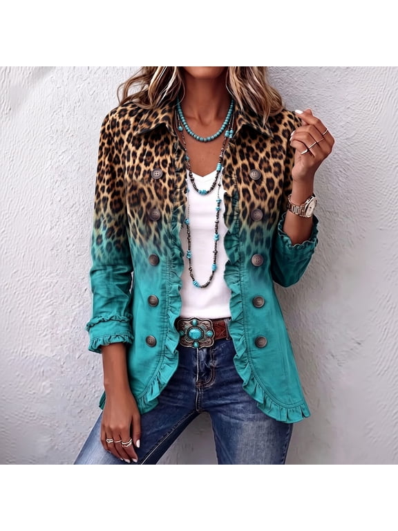 Leopard Gradient Women Ruffled Trim Open Front Jacket Lapel Collar Decorative Double‑row Buttons Cardigan for Women Boho Vintage Outerwear Coats Office Jacket