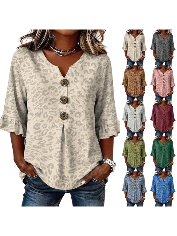 Leopard Print 3/4 Length Sleeve Womens Tops Ruffle Trim V Neck Button Down Henley Shirts for Women Relaxed Fall Winter Womens Blouses Dressy Casual