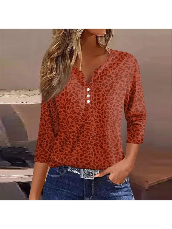 Leopard Print Henley Shirts for Women V Neck Button Down 3/4 Length Sleeve Womens Tops Relaxed Fall Winter Womens Blouse