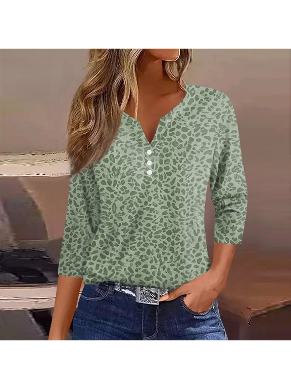 Leopard Print Womens Henley Shirts V Neck Button Down Womens 3/4 Sleeve Tops Loose Fit Fall Winter Tunic Shirts for Women
