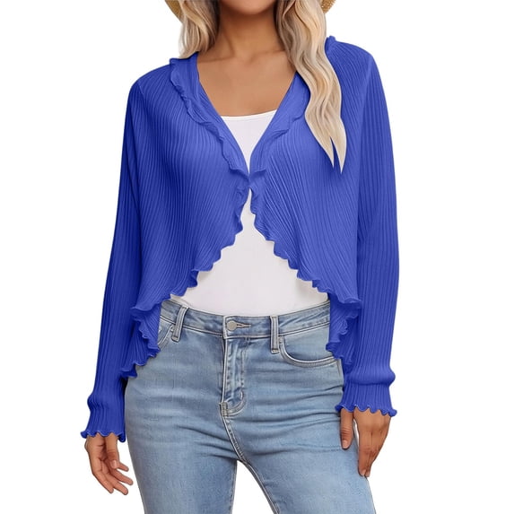 Trgacdwlo Light Weight Chiffon Cardigan Women Summer Long Sleeve Cropped Shrugs Loose Casual Ruffle Trim Cardigans for Commuter Outfit