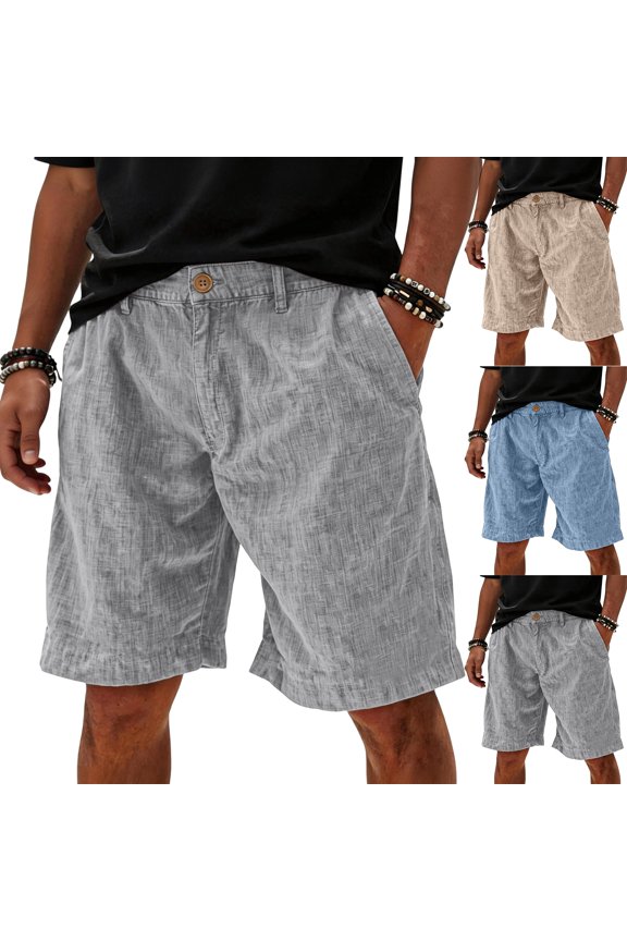 Linen Shorts Men High Waist Button Men Beach Shorts Wide Leg Summer Fishing Men's Bermuda Shorts with Pocket Khaki XL